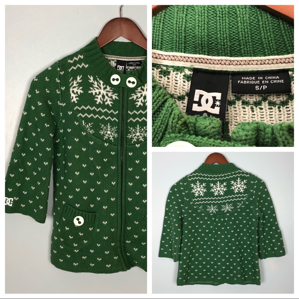 DC brand green fair isle styled zip front sweater